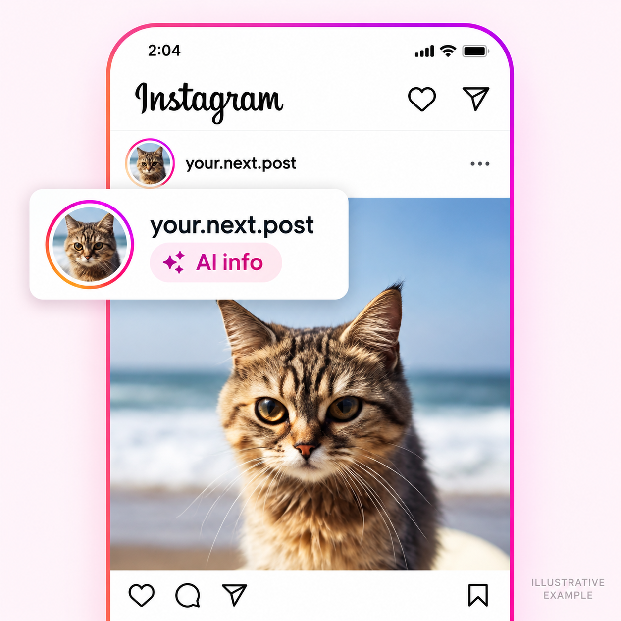 Illustrative Instagram post with an enlarged AI info label